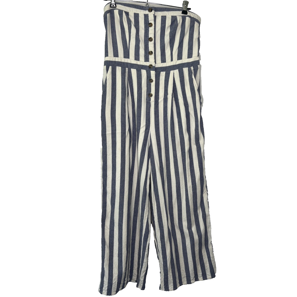 American Eagle Blue White Striped Strapless Jumpsuit Size Medium Cropped Summer